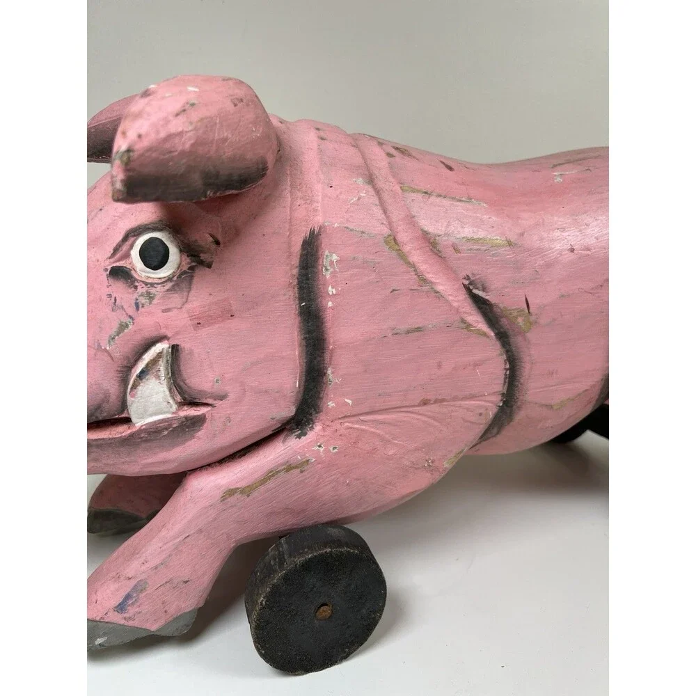 Vintage Handcrafted Carved Wooden Pig on Wheels Art Sculpture Statue Country